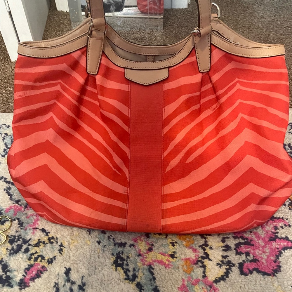 Coach  zebra red and pink striped tote animal purse